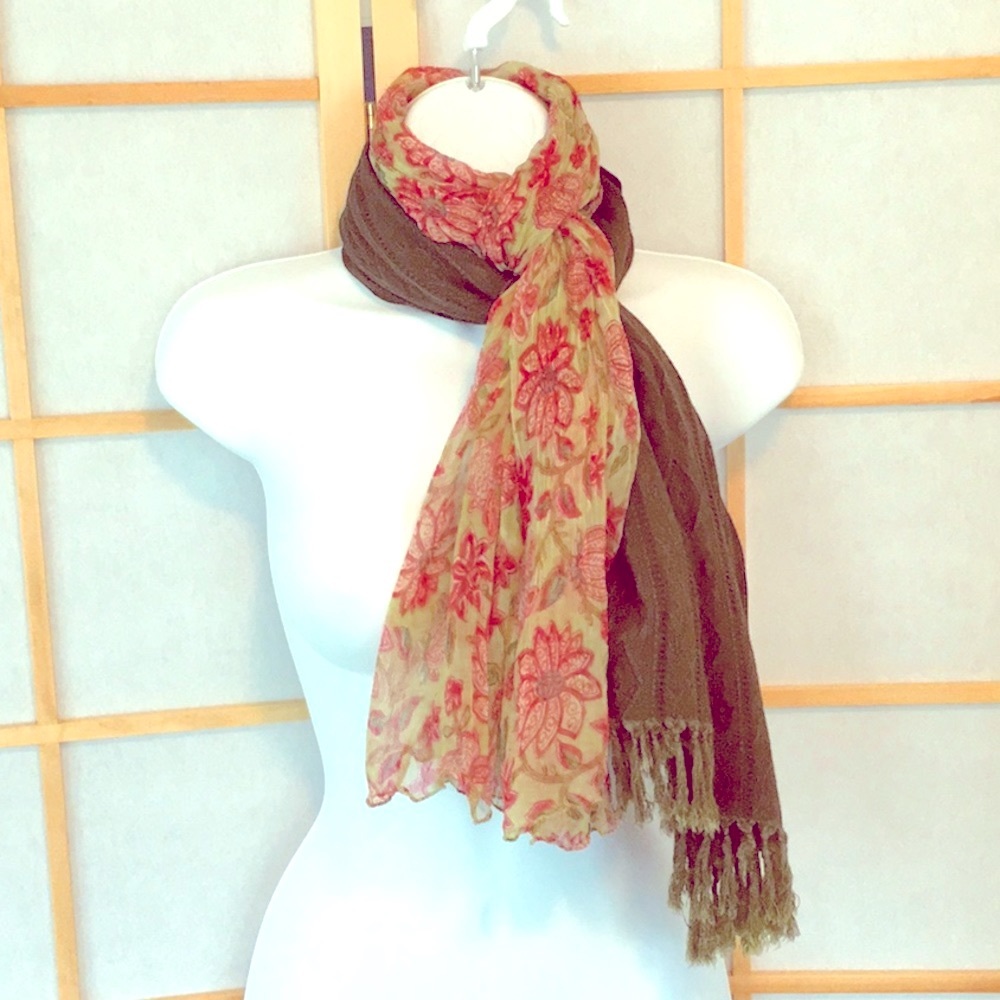 2 Scarves, 1 Light Green/Pink Floral, 1 Deep Green